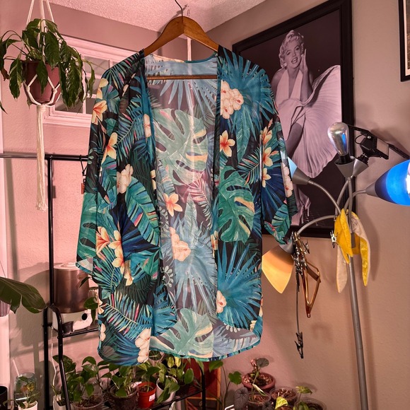 Unbranded Other - Unbranded Tropical Kimono Women One Size Blue Floral Leaf Sheer Beach Coverup